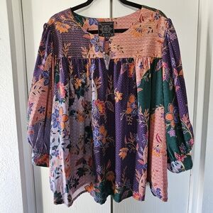 JOHNNY WAS- Deneb Floral Print Keyhole Peasant Top Sz XL Silk NWOT